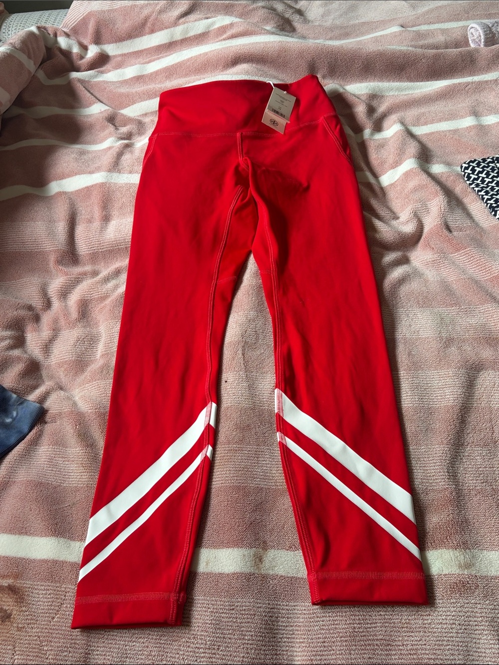 Tory Burch Red Leggings with White Stripe Accents